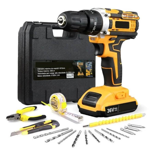 Taladro 36V con Percusión + 2 Baterías y 35 Accesorios + Lámpara LED portátil