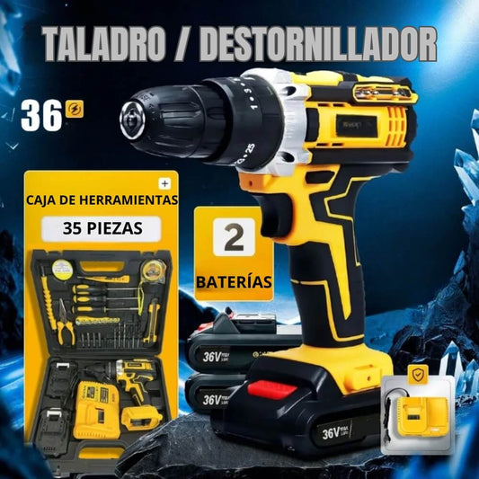 Taladro 36V con Percusión + 2 Baterías y 35 Accesorios + Lámpara LED portátil